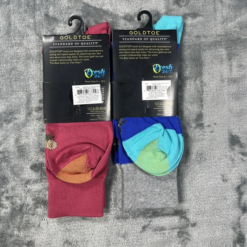 GOLDTOE Mens Crew Socks 2 Pair 6-12.5 Toucan‎ Pineapple Express Odor Control NEW